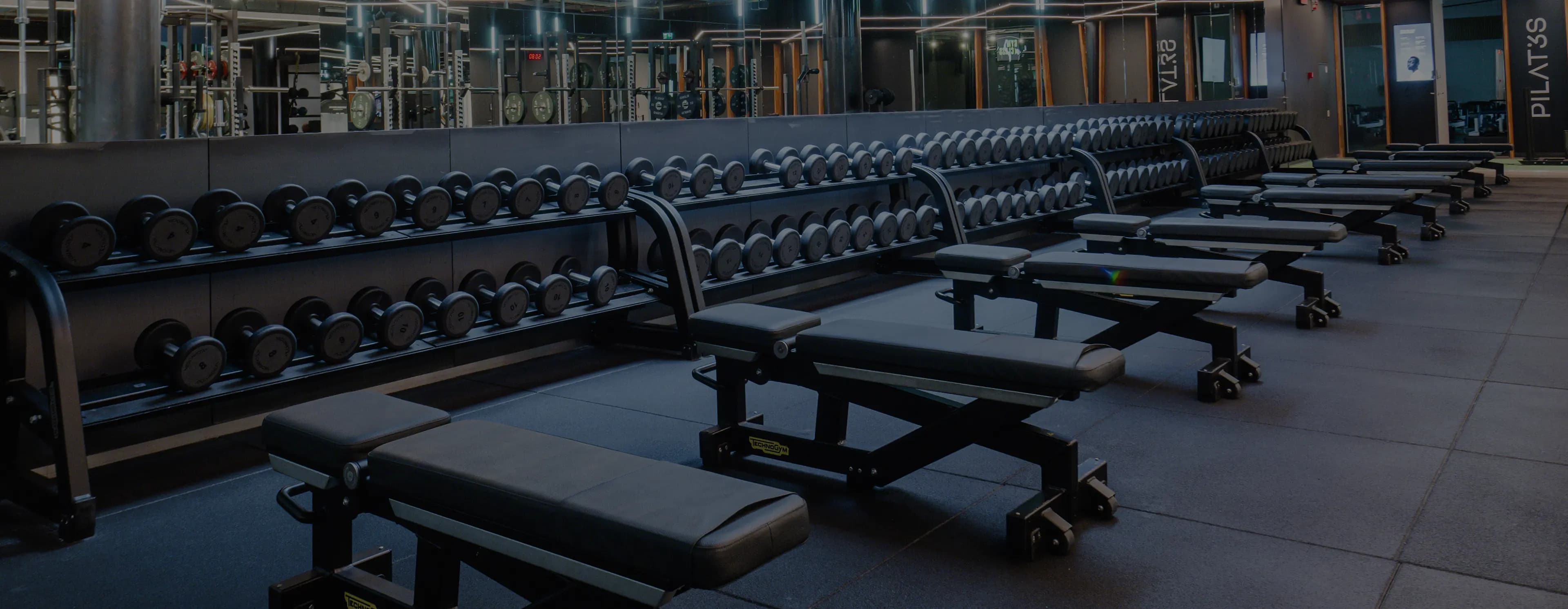 Wide variety of weights and benches at Clubsportive fitness club.